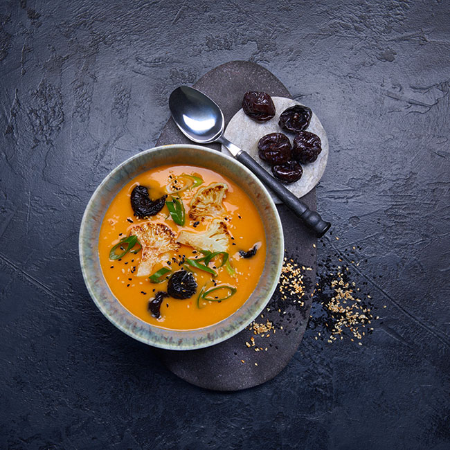 Sweet Potato Soup with Roasted Cauliflower & Prunes Sunsweet® New Zealand